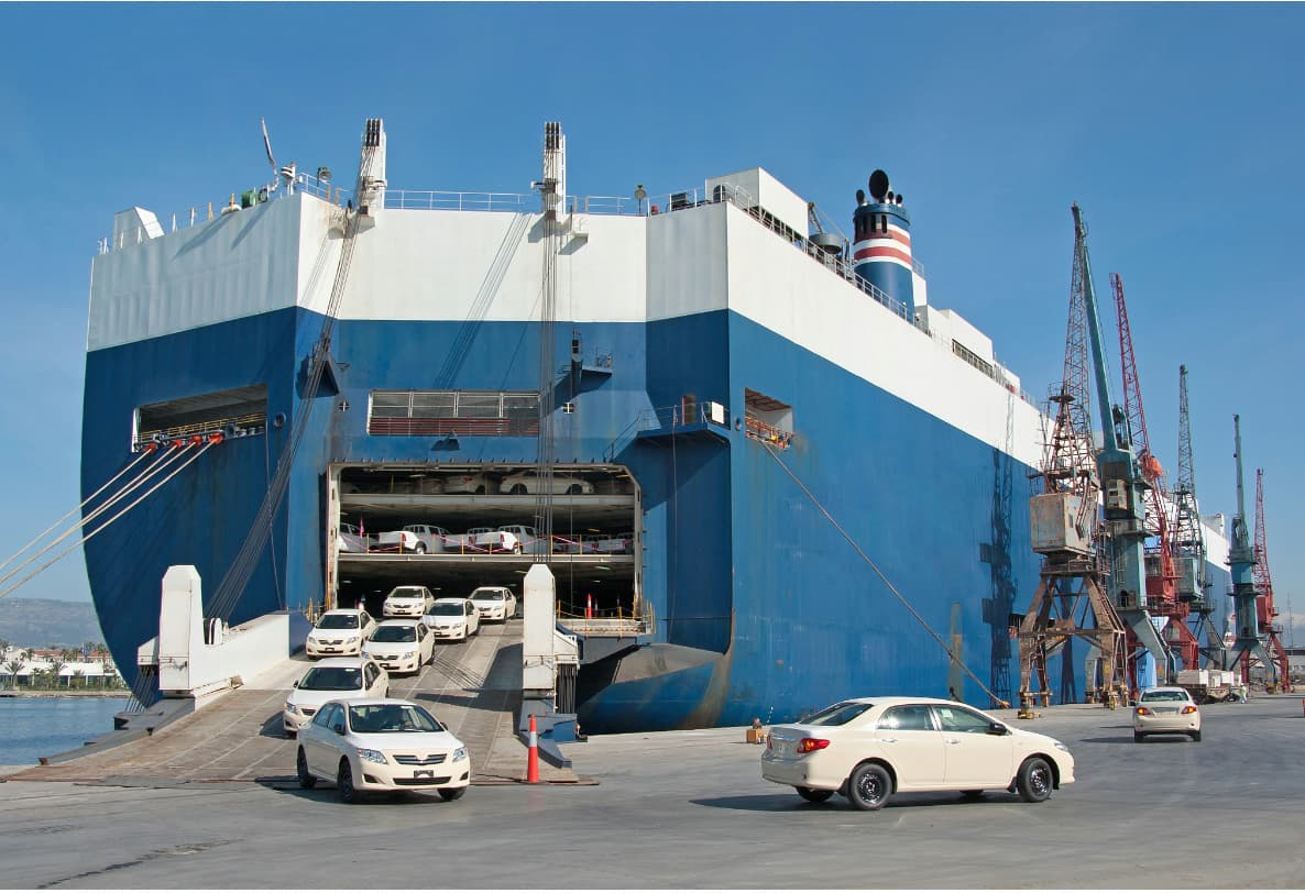 automobiles loading onto RO-RO ship